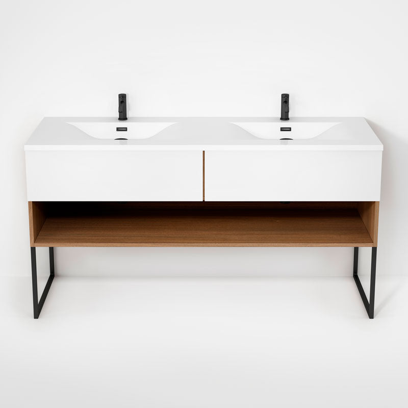 Rubi Haus 63" Double Wall Hung Vanity w. Integrated Composite Sink & Decorative Legs Natural Oak & Matte White – RHS1400LKU02NO-MBL