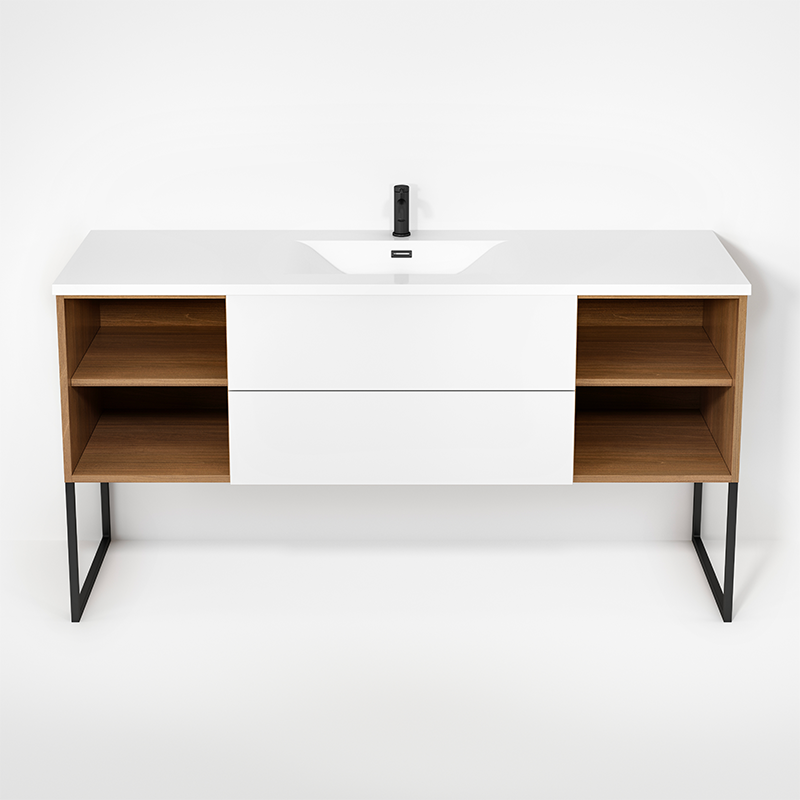 Rubi Haus 63" Single Wall Hung Vanity w. Integrated Composite Sink & Decorative Legs Natural Oak & Matte White – RHS1400LKU02NO-MBL