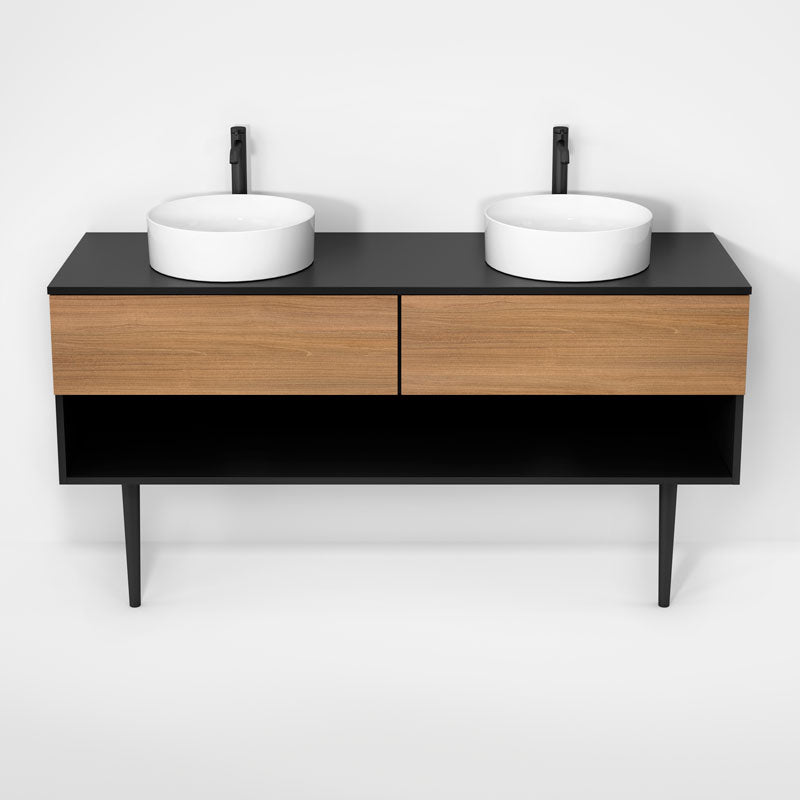 Rubi Haus 63" Double Wall Hung Vanity w. Decorative Round Legs Matte Black & Natural Oak – RHS1400LKV01MBK-NO