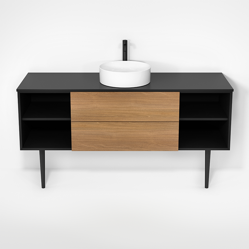 Rubi Haus 63" Single Wall Hung Vanity w. Decorative Round Legs Matte Black & Natural Oak – RHS1400LKV01MBK-NO