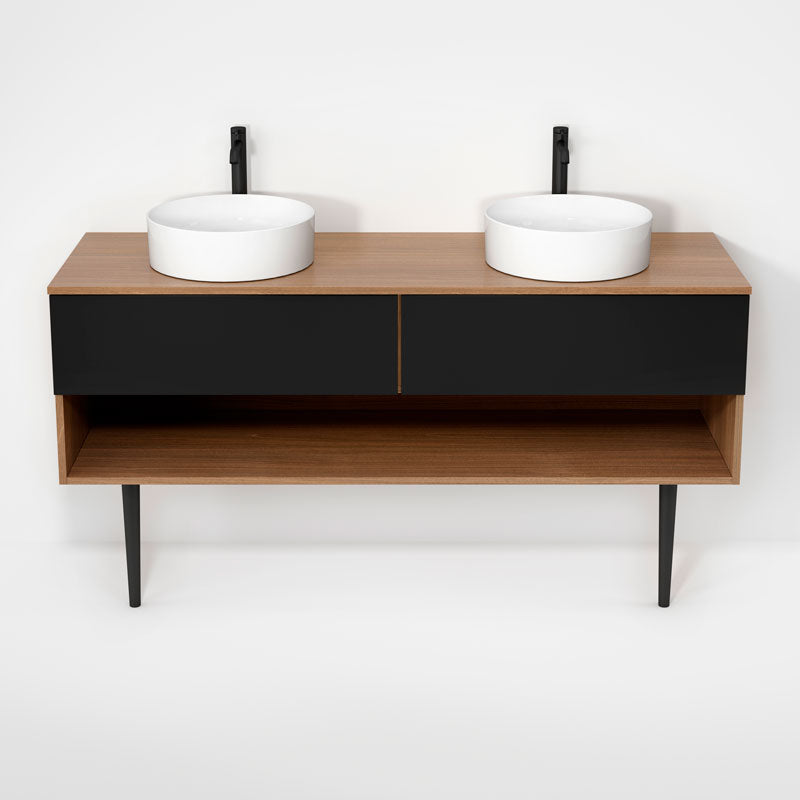 Rubi Haus 63" Double Wall Hung Vanity w. Decorative Round Legs Natural Oak & Matte Black – RHS1400LKV01NO-MBK