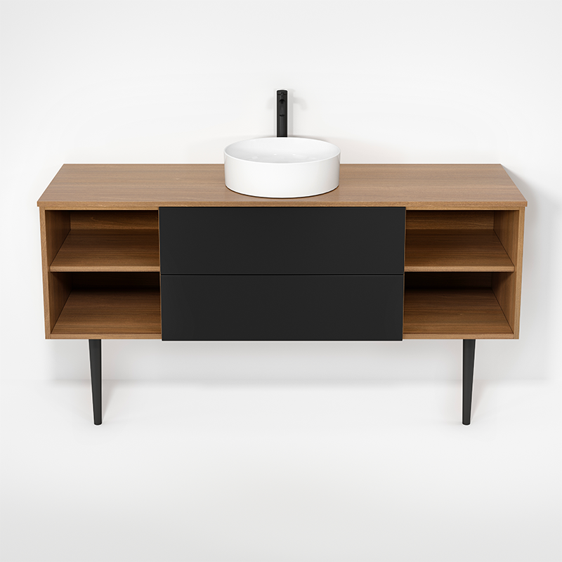 Rubi Haus 63" Single Wall Hung Vanity w. Decorative Round Legs Natural Oak & Matte Black – RHS1400LKV01NO-MBK