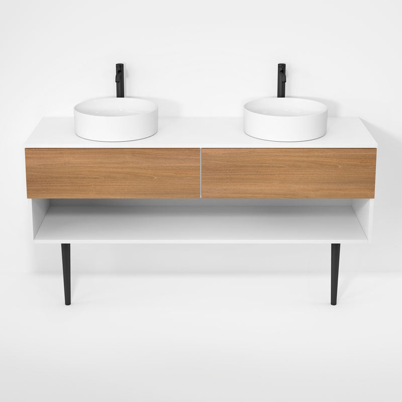Rubi Haus 63" Double Wall Hung Vanity w. Decorative Round Legs Matte White & Natural Oak – RHS1400LKV01MBL-NO