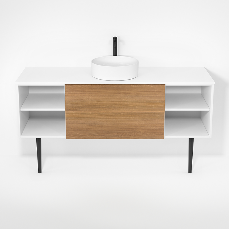 Rubi Haus 63" Single Wall Hung Vanity w. Decorative Round Legs Matte White & Natural Oak – RHS1400LKV01MBL-NO