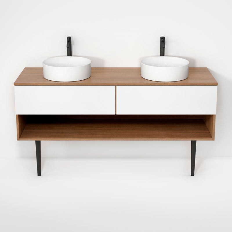 Rubi Haus 63" Double Wall Hung Vanity w. Decorative Round Legs Natural Oak & Matte White – RHS1400LKV01NO-MBL