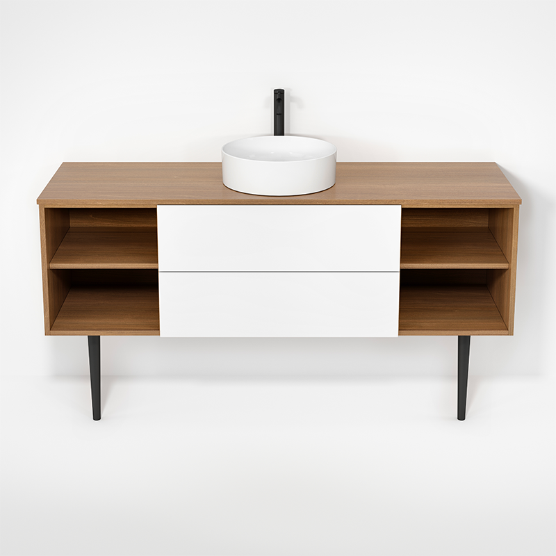 Rubi Haus 63" Single Wall Hung Vanity w. Decorative Round Legs Natural Oak & Matte White – RHS1400LKV01NO-MBL