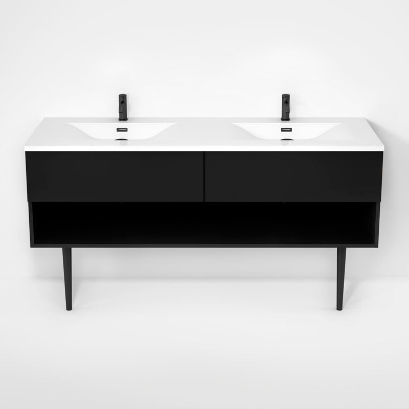 Rubi Haus 63" Double Wall Hung Vanity w. Integrated Composite Sink & Decorative Round Legs Matte Black – RHS1400LKV02MBK