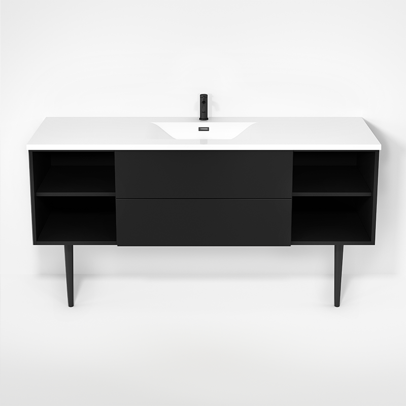 Rubi Haus 63" Single Wall Hung Vanity w. Integrated Composite Sink & Decorative Round Legs Matte Black – RHS1400LKV02MBK