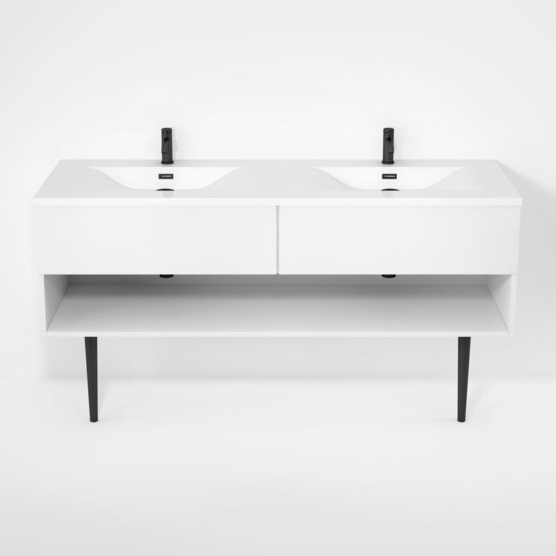 Rubi Haus 63" Double Wall Hung Vanity w. Integrated Composite Sink & Decorative Round Legs Matte White – RHS1400LKV02MBL
