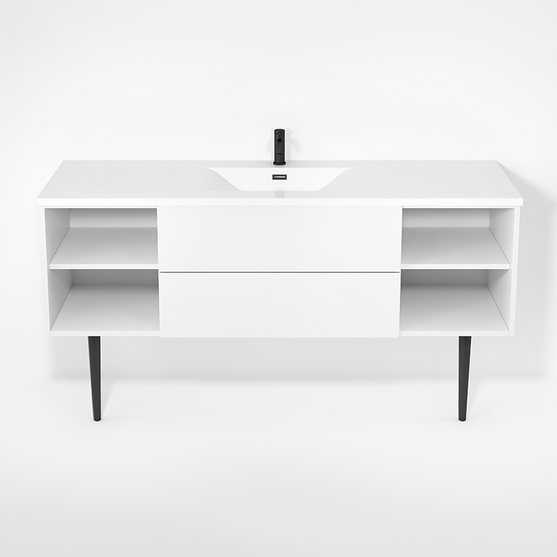Rubi Haus 63" Single Wall Hung Vanity w. Integrated Composite Sink & Decorative Round Legs Matte White – RHS1400LKV02MBL