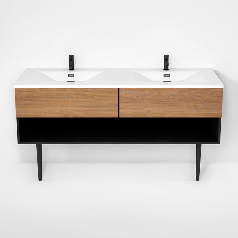 Rubi Haus 63" Double Wall Hung Vanity w. Integrated Composite Sink & Decorative Round Legs Matte Black & Natural Oak – RHS1400LKV02MBK-NO