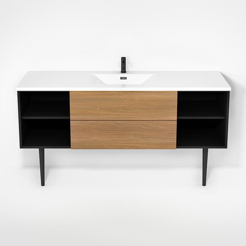 Rubi Haus 63" Single Wall Hung Vanity w. Integrated Composite Sink & Decorative Round Legs Matte Black & Natural Oak – RHS1400LKV02MBK-NO
