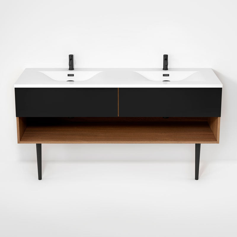 Rubi Haus 63" Double Wall Hung Vanity w. Integrated Composite Sink & Decorative Round Legs Natural Oak & Matte Black – RHS1400LKV02NO-MBK
