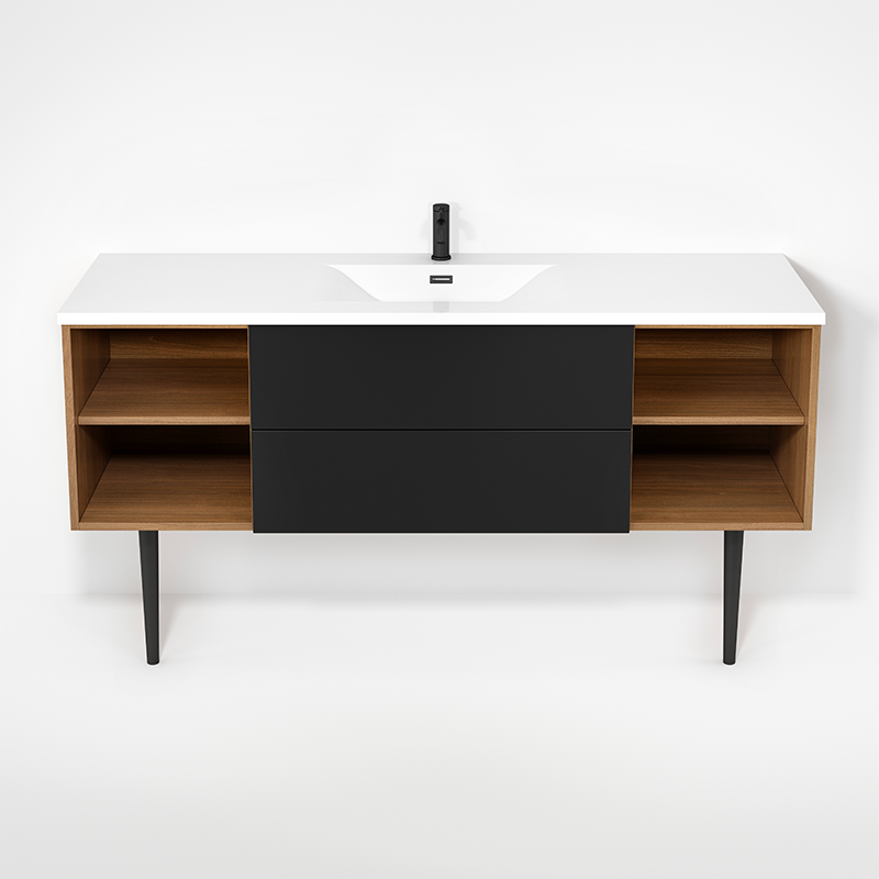 Rubi Haus 63" Single Wall Hung Vanity w. Integrated Composite Sink & Decorative Round Legs Natural Oak & Matte Black – RHS1400LKV02NO-MBK