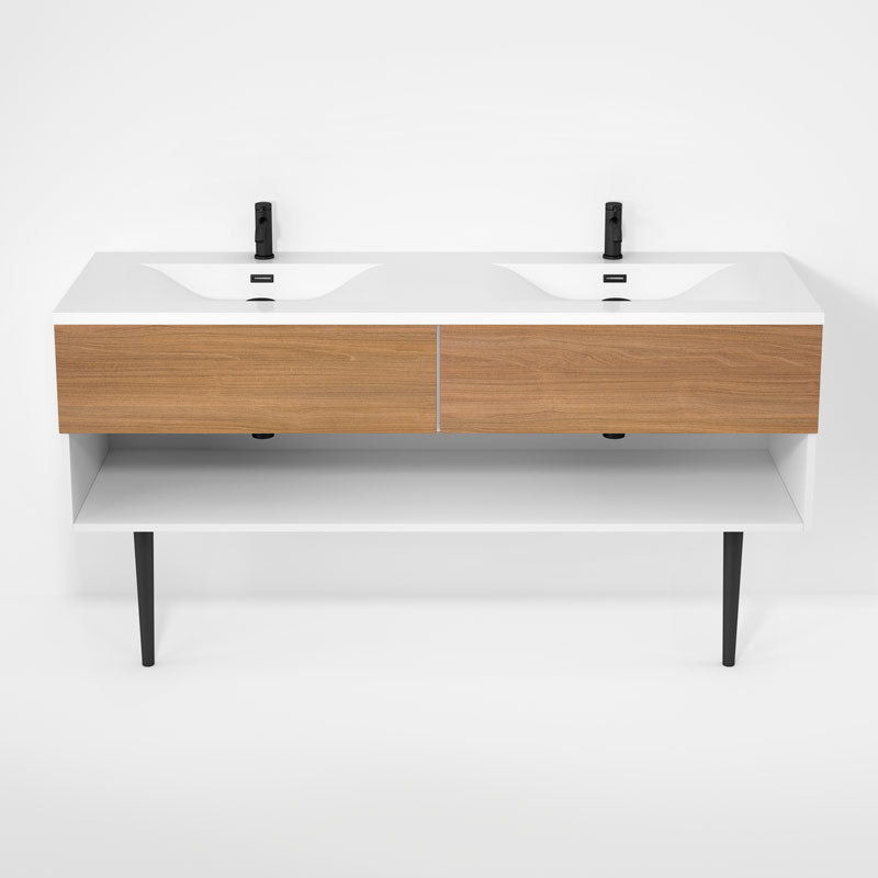 Rubi Haus 63" Double Wall Hung Vanity w. Integrated Composite Sink & Decorative Round Legs Matte White & Natural Oak – RHS1400LKV02MBL-NO