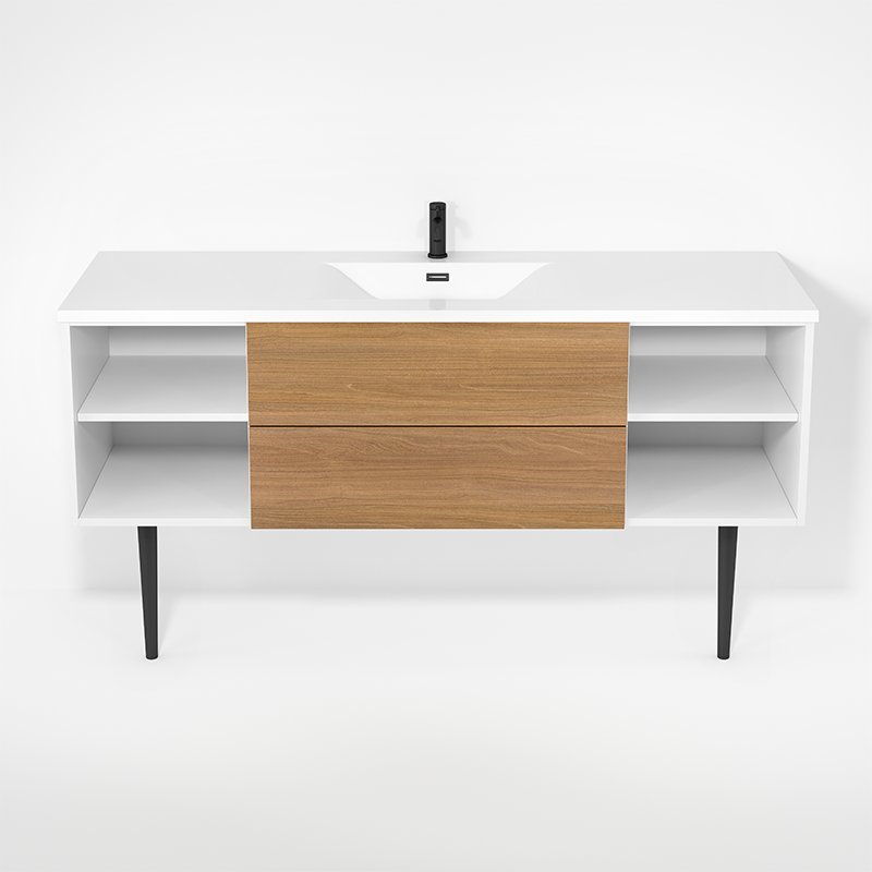 Rubi Haus 63" Single Wall Hung Vanity w. Integrated Composite Sink & Decorative Round Legs Matte White & Natural Oak – RHS1400LKV02MBL-NO
