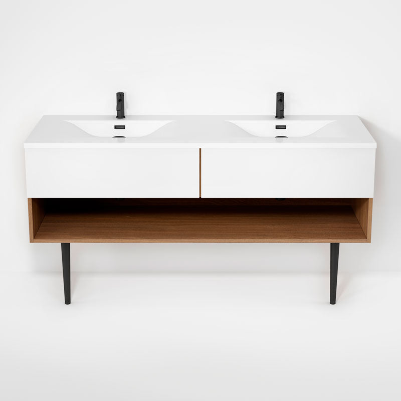 Rubi Haus 63" Double Wall Hung Vanity w. Integrated Composite Sink & Decorative Round Legs Natural Oak & Matte White – RHS1400LKV02NO-MBL