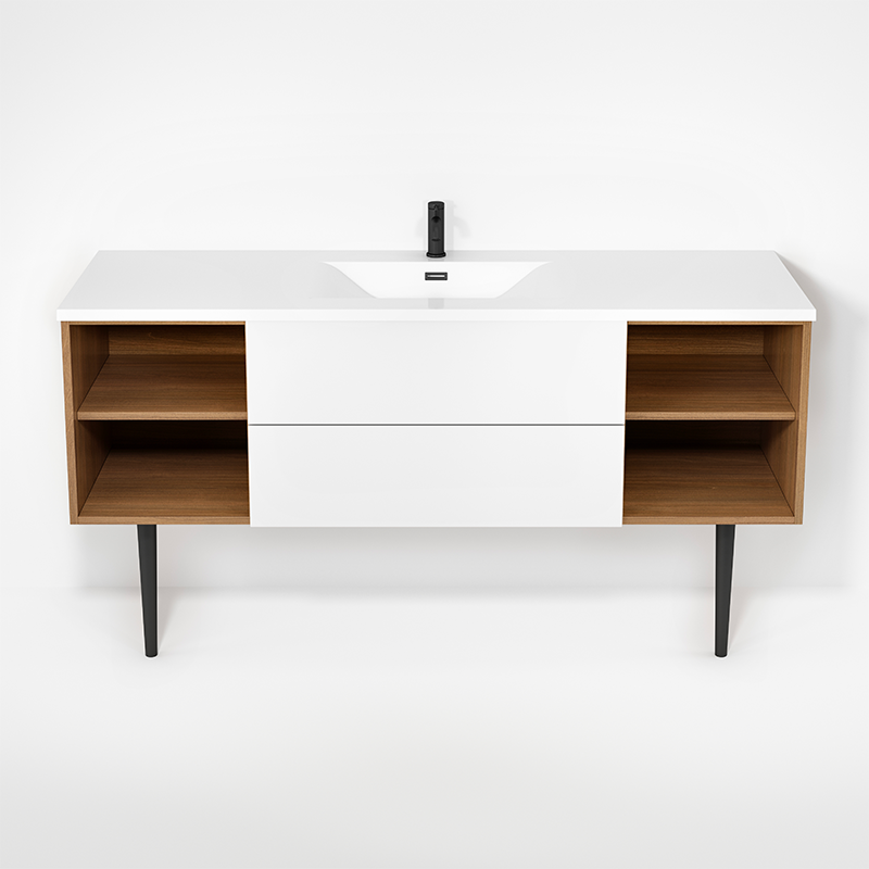 Rubi Haus 63" Single Wall Hung Vanity w. Integrated Composite Sink & Decorative Round Legs Natural Oak & Matte White – RHS1400LKV02NO-MBL