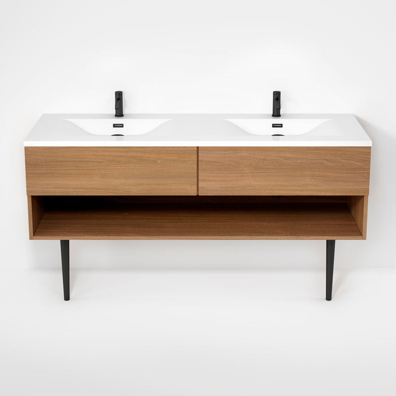 Rubi Haus 63" Double Wall Hung Vanity w. Integrated Composite Sink & Decorative Round Legs Natural Oak – RHS1400LKV02NO