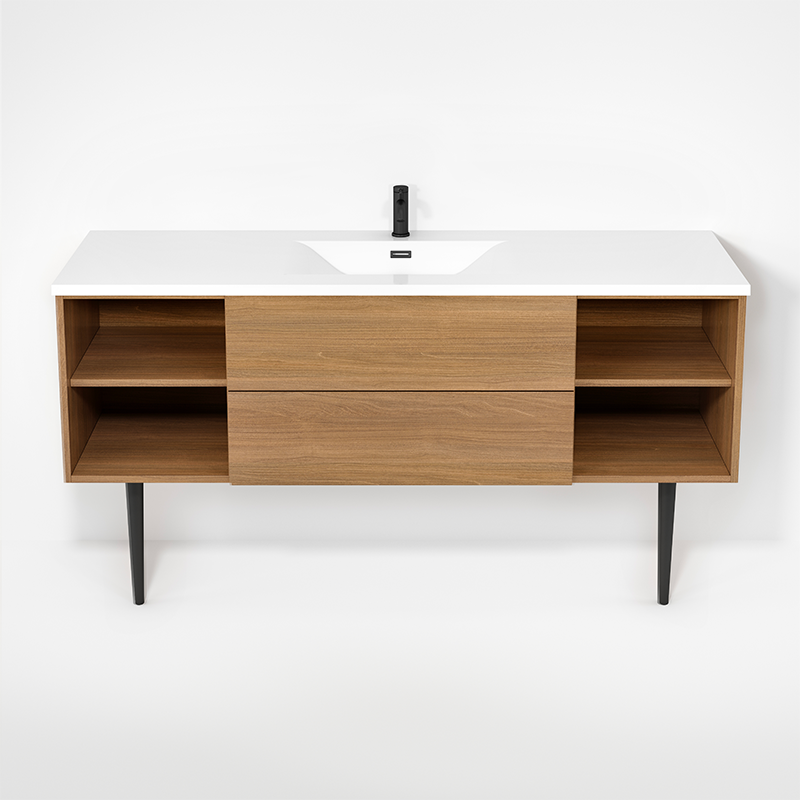 Rubi Haus 63" Single Wall Hung Vanity w. Integrated Composite Sink & Decorative Round Legs Natural Oak – RHS1400LKV02NO