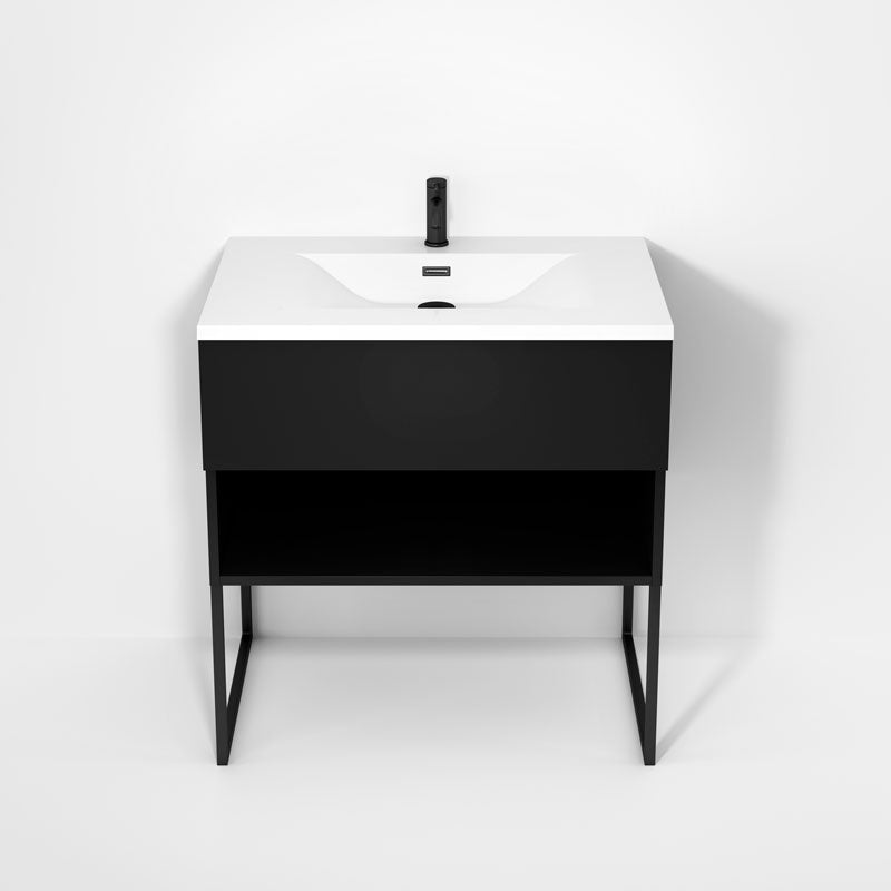 Rubi Haus 32" Wall Hung Vanity w. Integrated Composite Sink & Decorative Legs Matte Black – RHS1400LKU02MBK
