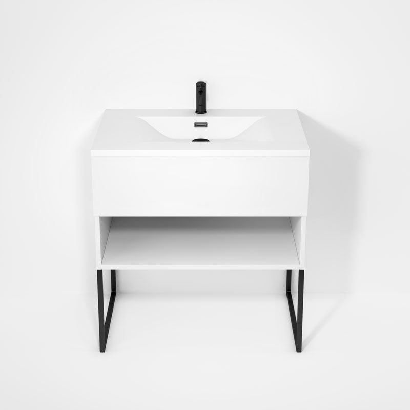 Rubi Haus 32" Wall Hung Vanity w. Integrated Composite Sink & Decorative Legs Matte White – RHS1400LKU02MBL