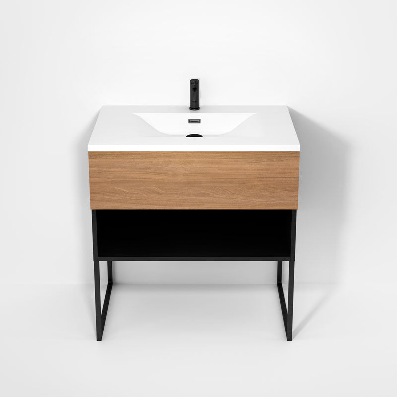 Rubi Haus 32" Wall Hung Vanity w. Integrated Composite Sink & Decorative Legs Matte Black & Natural Oak – RHS1400LKU02MBK-NO