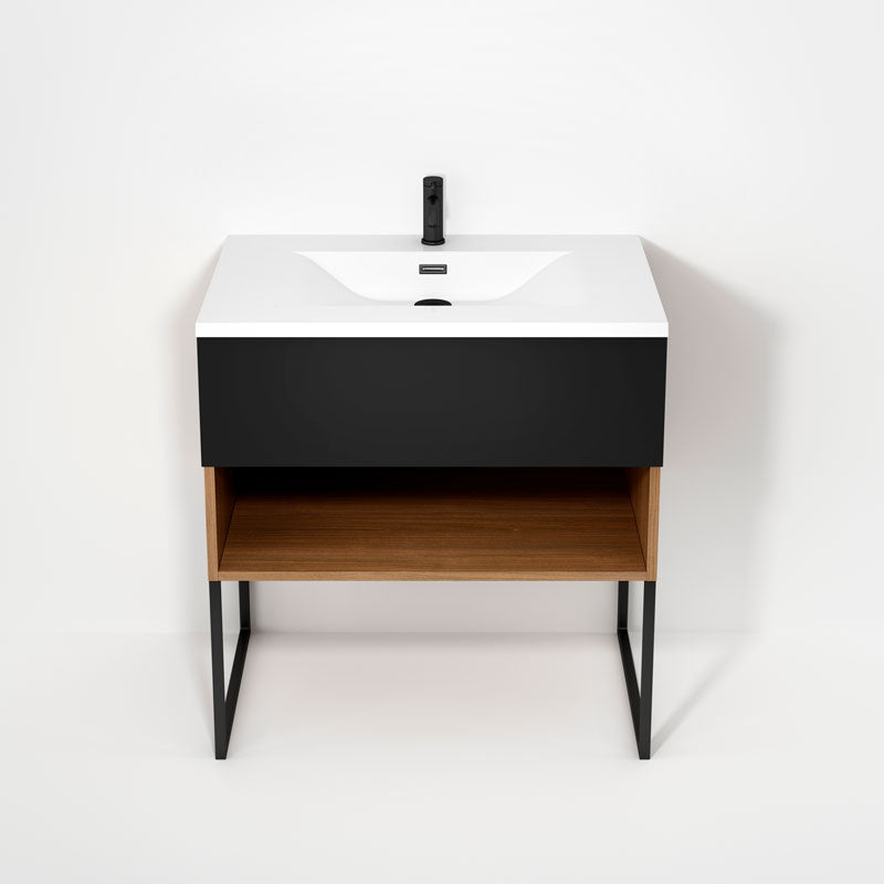 Rubi Haus 32" Wall Hung Vanity w. Integrated Composite Sink & Decorative Legs Natural Oak & Matte Black – RHS1400LKU02NO-MBK