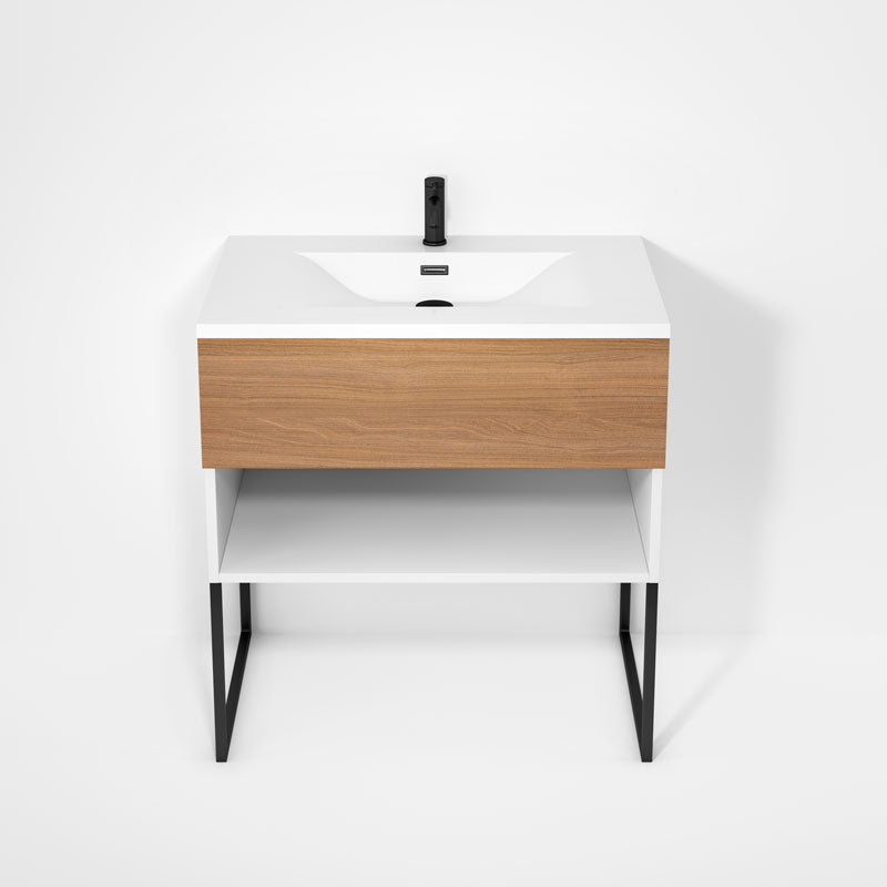 Rubi Haus 32" Wall Hung Vanity w. Integrated Composite Sink & Decorative Legs Matte White & Natural Oak – RHS1400LKU02MBL-NO