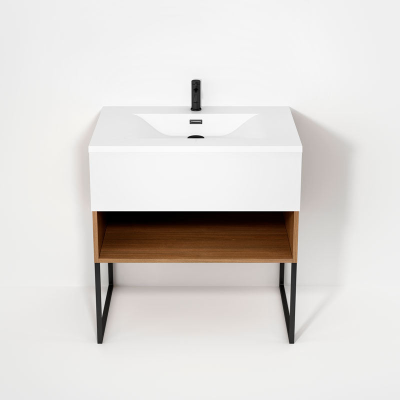 Rubi Haus 32" Wall Hung Vanity w. Integrated Composite Sink & Decorative Legs Natural Oak & Matte White – RHS1400LKU02NO-MBL