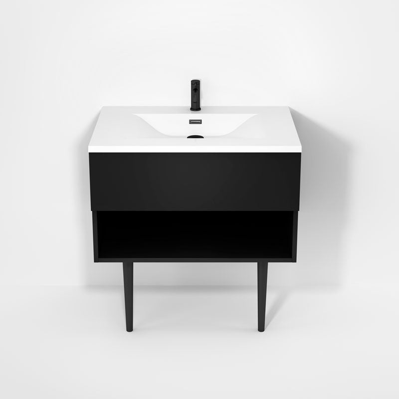 Rubi Haus 32" Wall Hung Vanity w. Integrated Composite Sink & Decorative Round Legs Matte Black – RHS1400LKV02MBK