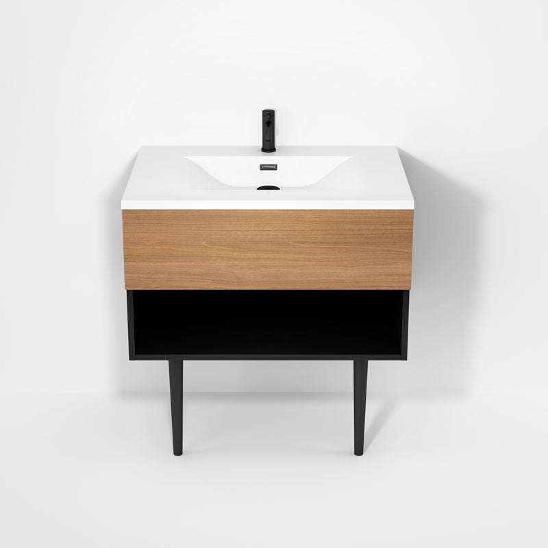 Rubi Haus 32" Wall Hung Vanity w. Integrated Composite Sink & Decorative Round Legs Matte Black & Natural Oak – RHS1400LKV02MBK-NO
