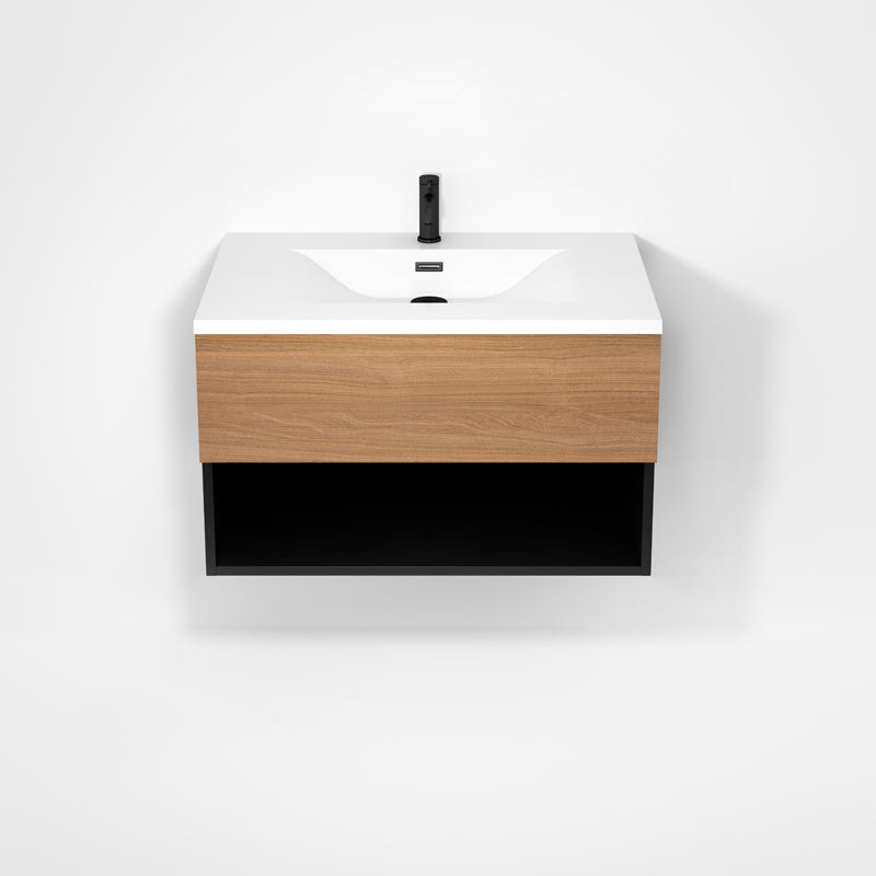 Rubi Haus 32" Wall Hung Vanity w. Integrated Composite Sink Matte Black & Natural Oak – RHS1400LK02MBK-NO