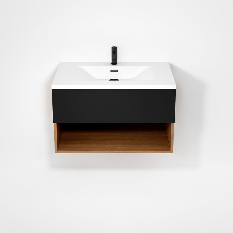 Rubi Haus 32" Wall Hung Vanity w. Integrated Composite Sink Natural Oak & Matte Black – RHS1400LK02NO-MBK