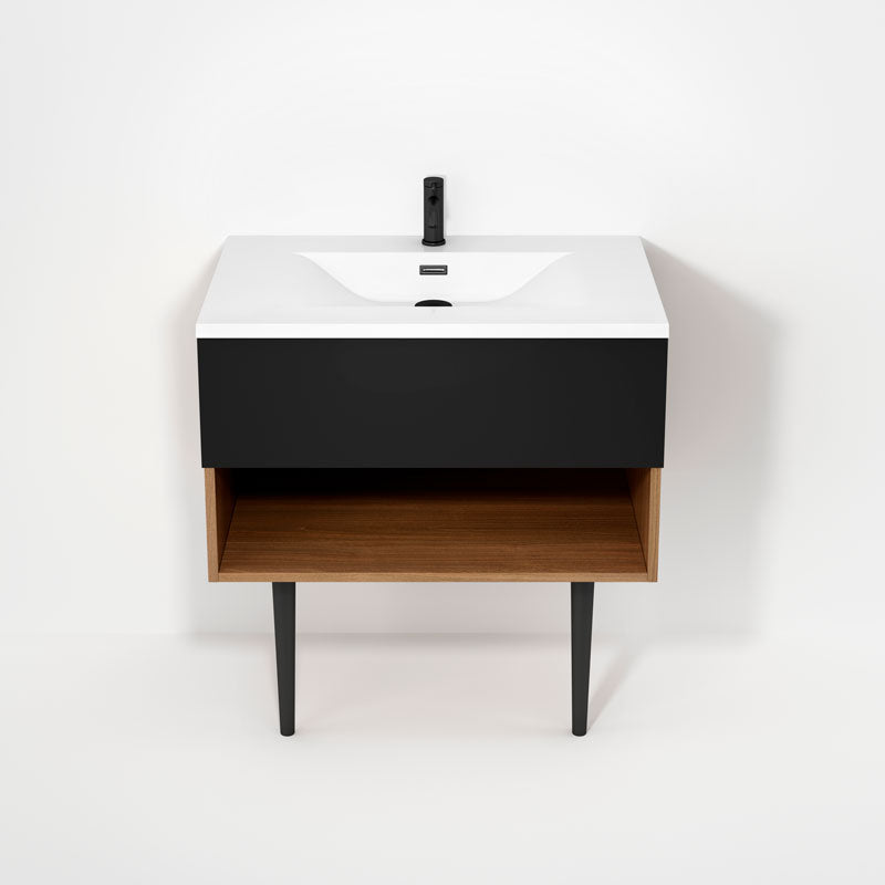 Rubi Haus 32" Wall Hung Vanity w. Integrated Composite Sink & Decorative Round Legs Natural Oak & Matte Black – RHS1400LKV02NO-MBK