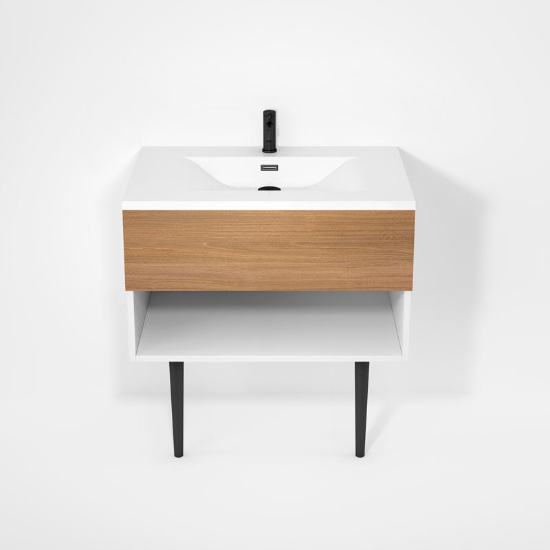 Rubi Haus 32" Wall Hung Vanity w. Integrated Composite Sink & Decorative Round Legs Matte White & Natural Oak – RHS1400LKV02MBL-NO
