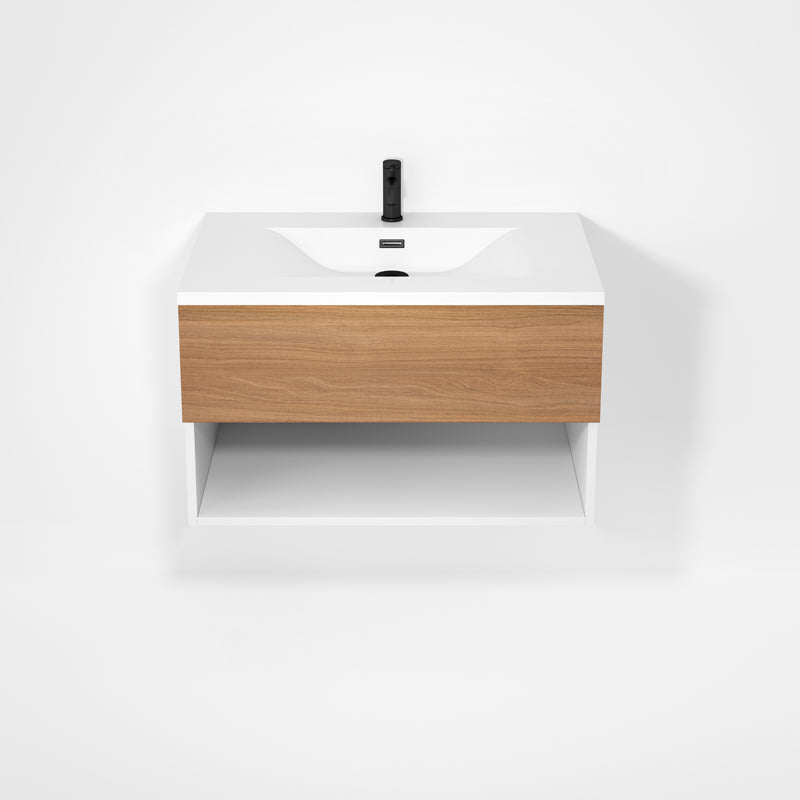 Rubi Haus 32" Wall Hung Vanity w. Integrated Composite Sink Matte White & Natural Oak – RHS1400LK02MBL-NO