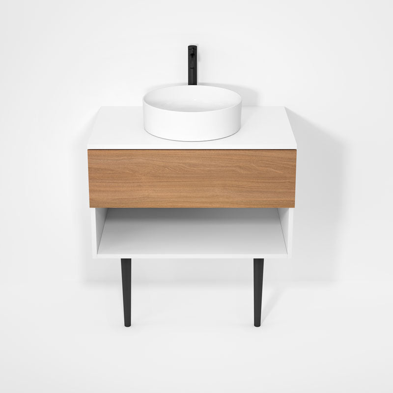 Rubi Haus 32" Wall Hung Vanity w. Decorative Round Legs Matte White & Natural Oak – RHS1400LKV01MBL-NO