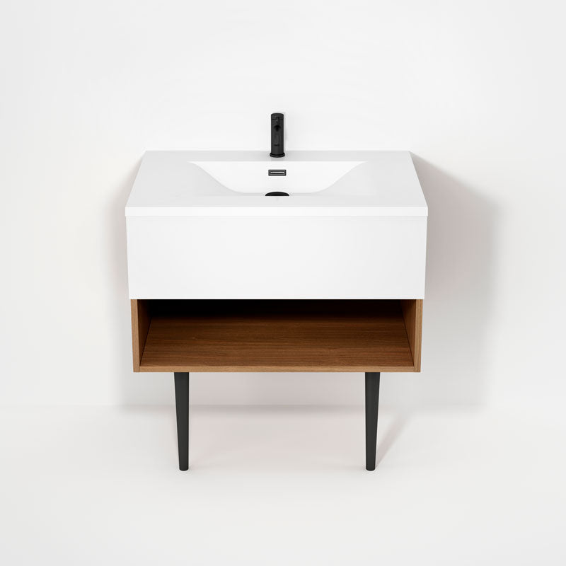 Rubi Haus 32" Wall Hung Vanity w. Integrated Composite Sink & Decorative Round Legs Natural Oak & Matte White – RHS1400LKV02NO-MBL