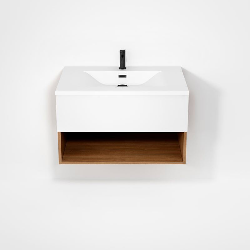 Rubi Haus 32" Wall Hung Vanity w. Integrated Composite Sink Natural Oak & Matte White – RHS1400LK02NO-MBL