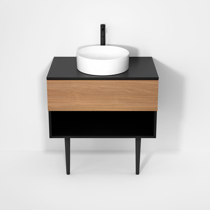 Rubi Haus 32" Wall Hung Vanity w. Decorative Round Legs Matte Black & Natural Oak – RHS1400LKV01MBK-NO