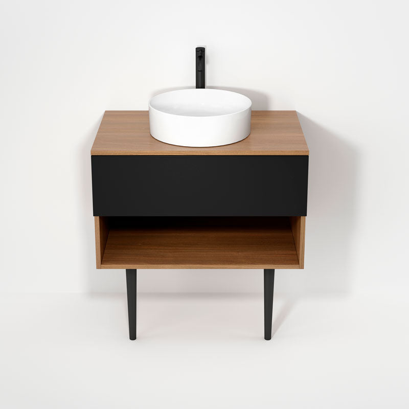 Rubi Haus 32" Wall Hung Vanity w. Decorative Round Legs Natural Oak & Matte Black – RHS1400LKV01NO-MBK