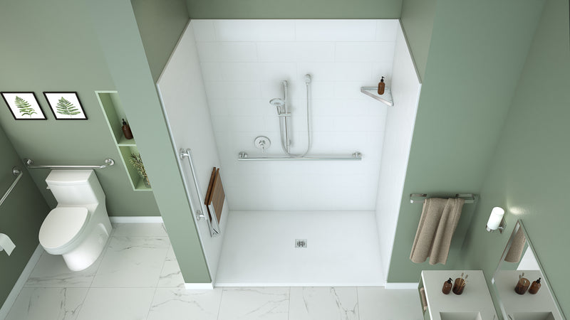 Neptune Entrepreneur Aspire 6238 Acrylic Alcove Shower Base in White with Anti-slip and Fire Resistant Center Drain in Chrome – 220519-541-001-101