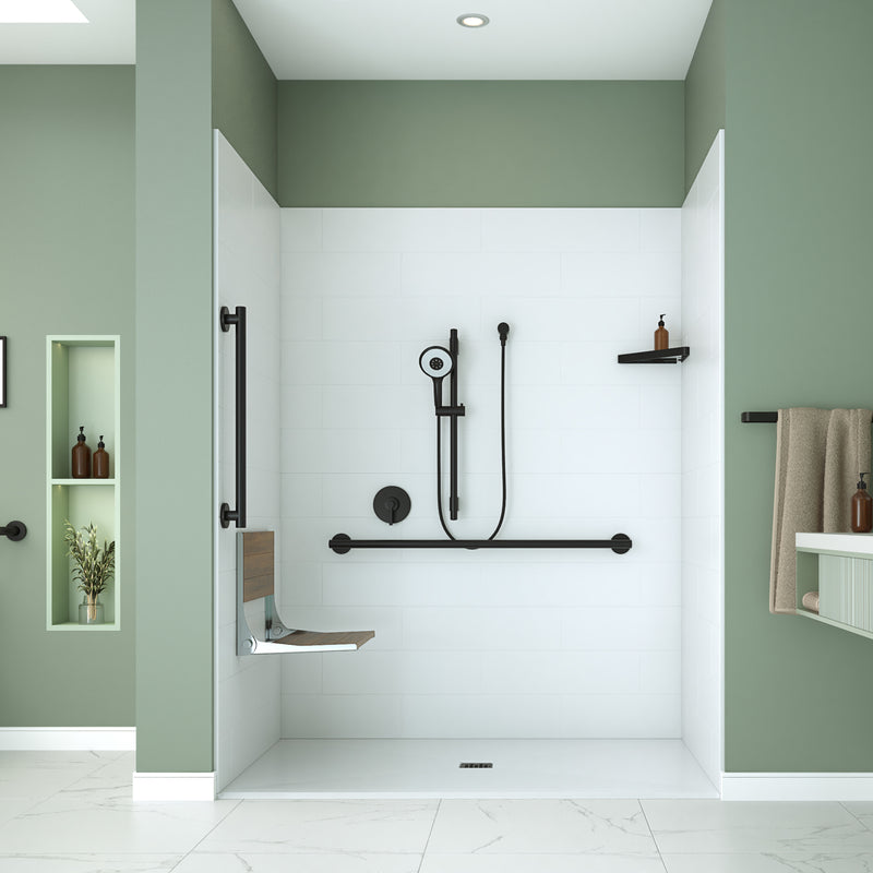 Neptune Entrepreneur Aspire 6238 Acrylic Alcove Shower Base in White with Anti-slip and Fire Resistant Center Drain in Matte Black – 220519-541-001-108