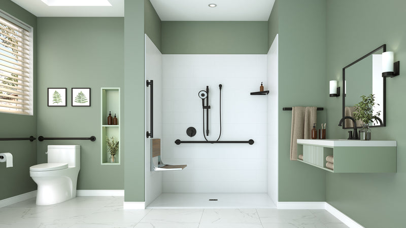 Neptune Entrepreneur Aspire 6238 Acrylic Alcove Shower Base in White with Anti-slip and ABS Center Drain in Matte Black – 220519-541-001-103