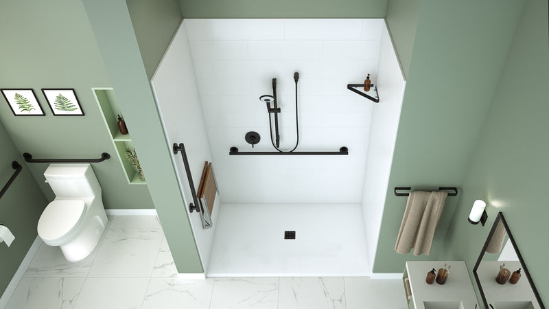 Neptune Entrepreneur Aspire 6238 Acrylic Alcove Shower Base in White with Anti-slip and ABS Center Drain in Matte Black – 220519-541-001-103