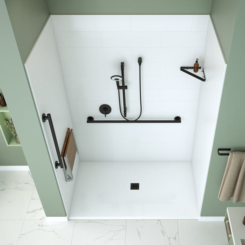 Neptune Entrepreneur Aspire 6238 Acrylic Alcove Shower Base in White with Anti-slip and Fire Resistant Center Drain in Matte Black – 220519-541-001-108
