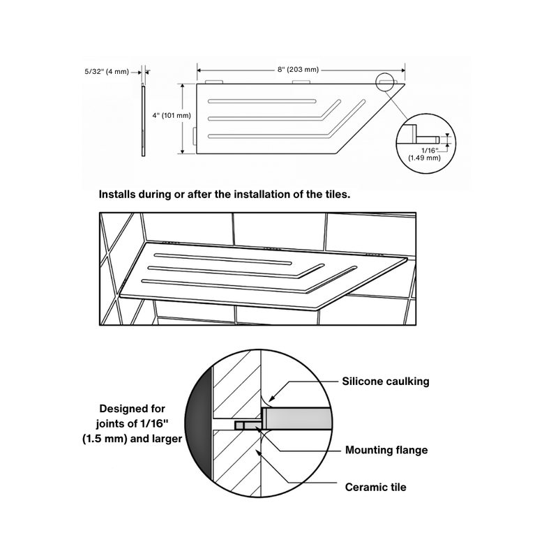 Zvelt 4" X 8" Corner Shelf for Tiled Showers Glossy White On Aluminium Finish - TC-A8-W100